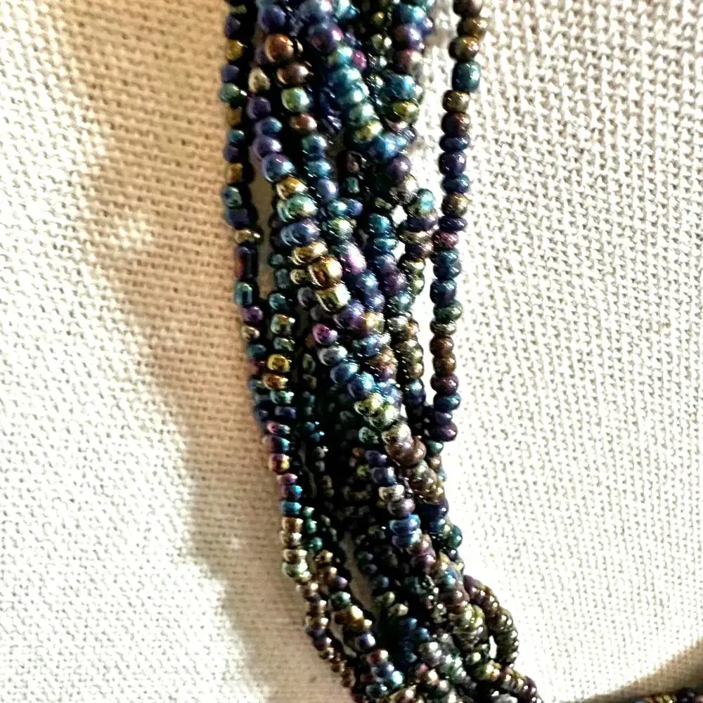 Seed Beaded Statement Necklace Iridescent Chunky Beads Multi Strand Layers